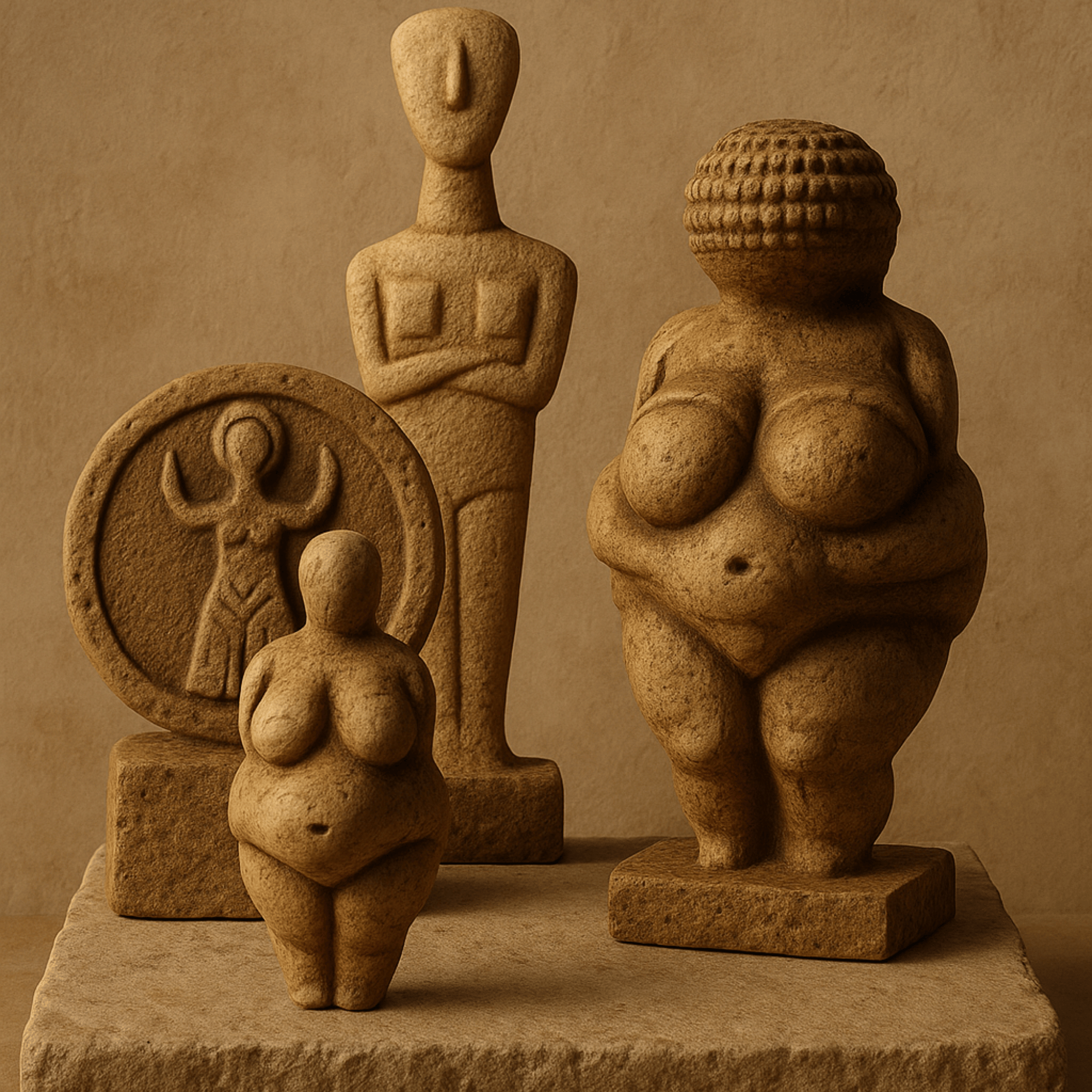 El yapımı müze kalitesinde Neolitik ve prehistorik figürler – Venüs heykelcikleri, Ana Tanrıça sembolleri ve Cycladic idol, taş platform üzerinde sergileniyor. Antik dünyanın ilk inançlarını yansıtan arkeolojik replikalar.