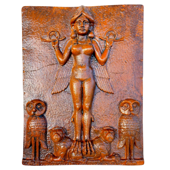 Gecenin Kraliçesi Rölyefi – Lilith, İnanna, Ishtar ve Ereshkigal Temalı – El Yapımı Mezopotamya Tanrıça Replikası – 35cm | ArkeoArt