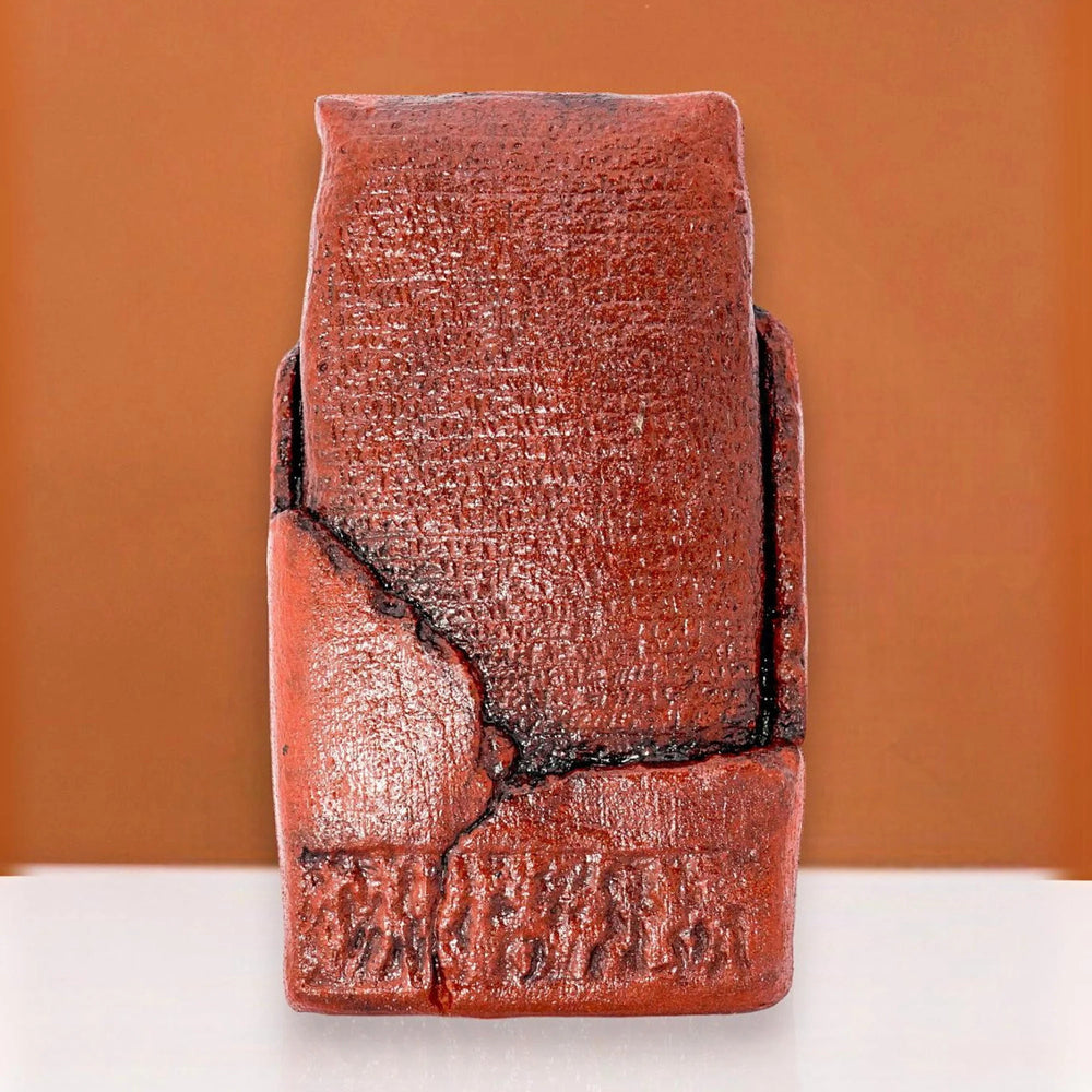 Kırmızı tonlu Sumerian Love Poem tableti, ahşap kaide üzerinde sergileniyor. El yapımı, mermer tozu ve polyester karışımı, antik Mezopotamya kil tablet dokusu. British Museum’daki Sümer aşk şiiri tabletinin müze kalitesi replikası.