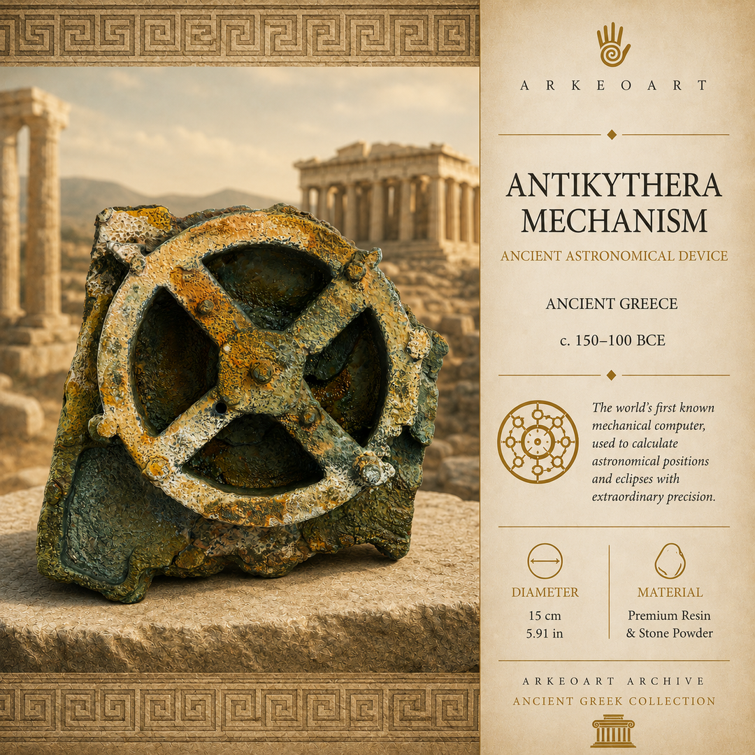 Antikythera Mekanizması infografiği, dünyanın ilk analog bilgisayarı olarak kabul edilen antik Yunan astronomik cihazını ve tarihsel önemini anlatan müze tarzı görsel. by ArkeoArt