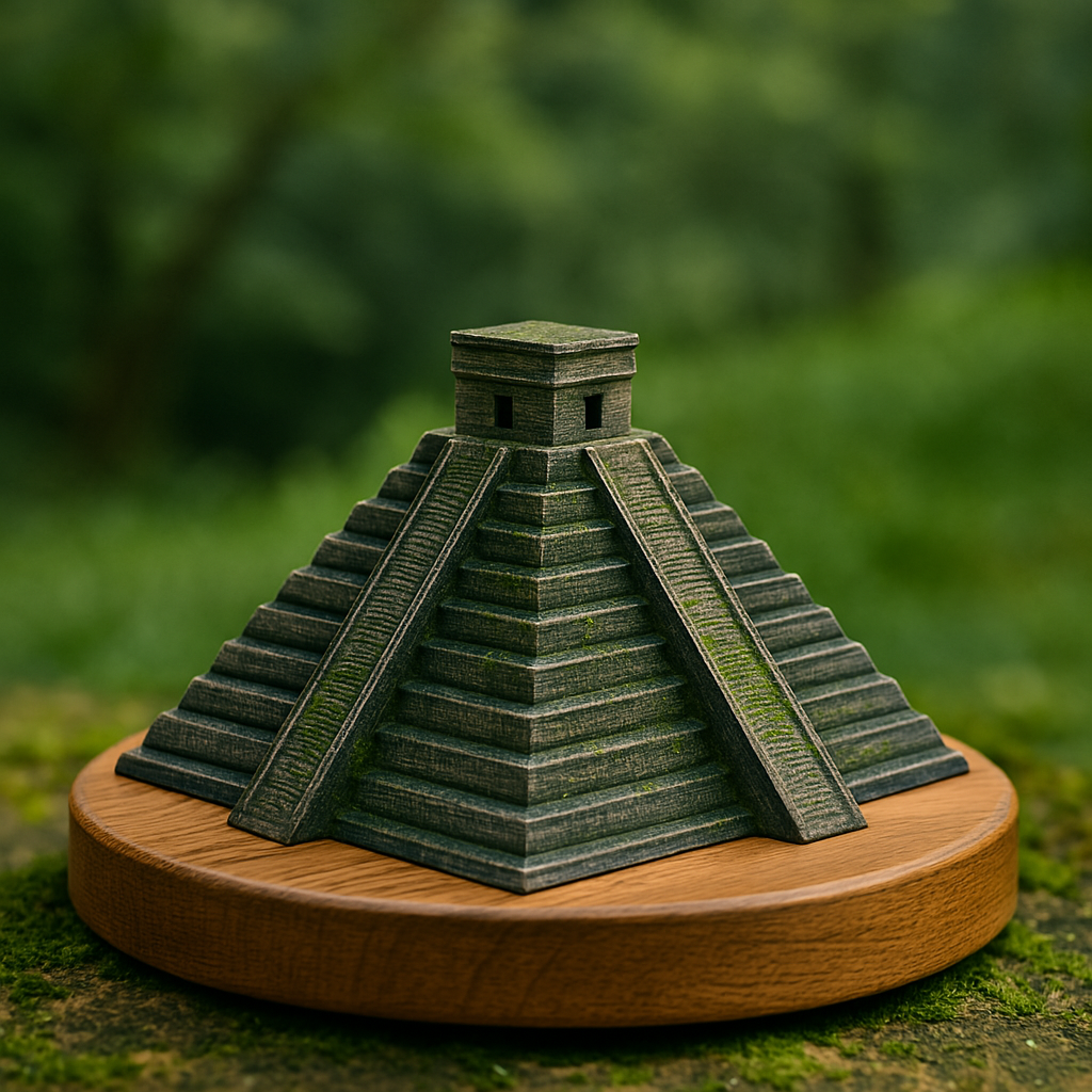 Orta Amerika’nın tropikal ormanlarında stant üzerinde sergilenen Chichen Itza piramidi replikası. El yapımı bu dekoratif figür, Maya uygarlığının mistik atmosferini yansıtarak koleksiyonerlere ve tarih tutkunlarına özel hazırlanmıştır.