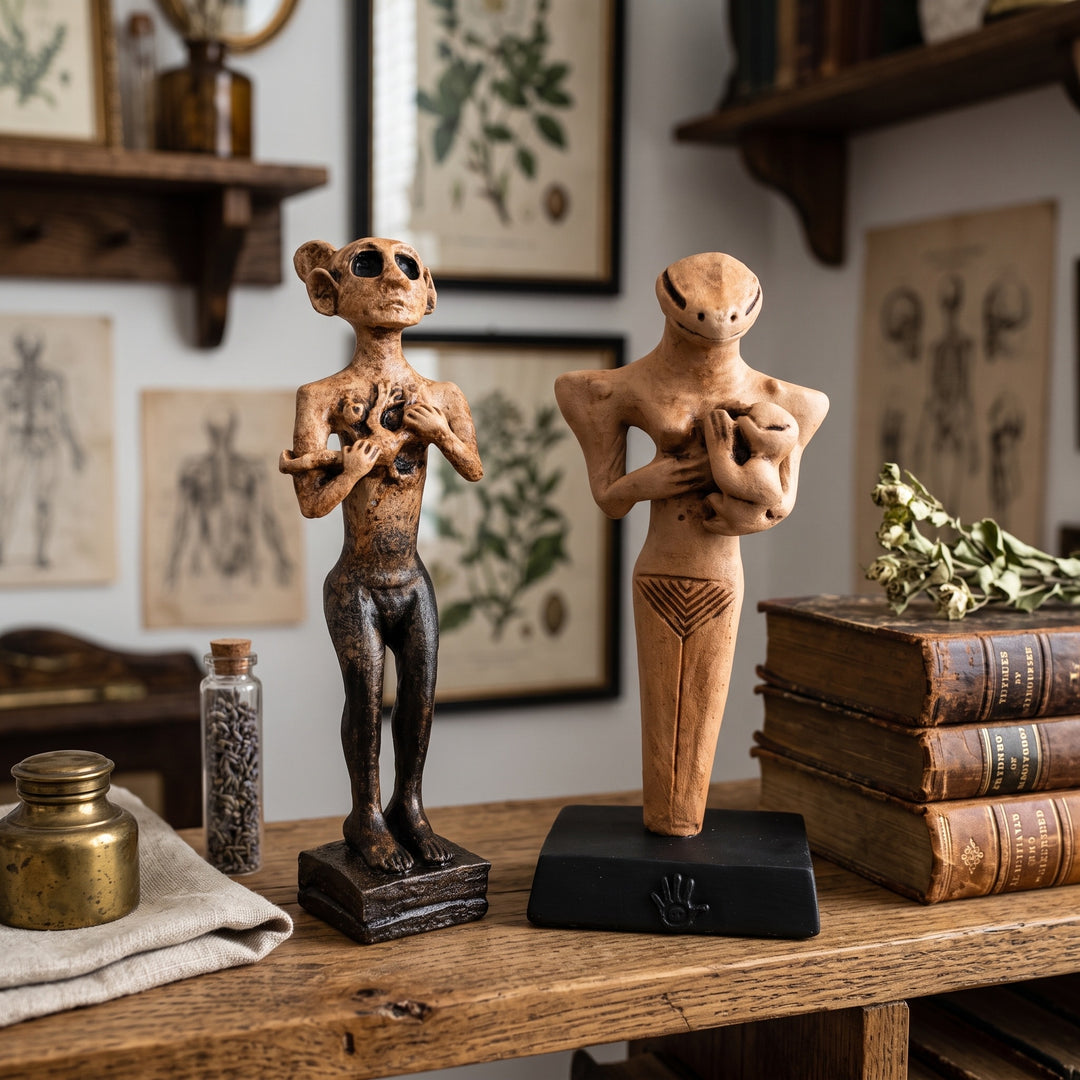 ArkeoArt Antik Ana Tanrıça Heykelleri (2'li Set), doğal ahşap mobilyalar, keten dokular, seramik aksesuarlar ve sıcak toprak tonlarıyla hazırlanmış bohem tarzı bir yaşam alanında sergileniyor. Mezopotamya ve Anadolu uygarlıklarının emziren Ana Tanrıça figürlerinden ilham alan bu el yapımı müze replikaları; doğurganlık, bereket, annelik ve yaşamın sürekliliğini simgeleyen tarihî eserler olarak arkeoloji ve antropoloji koleksiyonları için özel bir settir.5