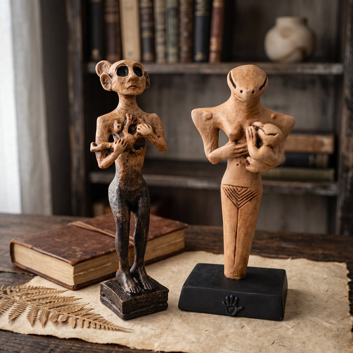 ArkeoArt Antik Ana Tanrıça Heykelleri (2'li Set), doğal ahşap mobilyalar, keten dokular, seramik aksesuarlar ve sıcak toprak tonlarıyla hazırlanmış bohem tarzı bir yaşam alanında sergileniyor. Mezopotamya ve Anadolu uygarlıklarının emziren Ana Tanrıça figürlerinden ilham alan bu el yapımı müze replikaları; doğurganlık, bereket, annelik ve yaşamın sürekliliğini simgeleyen tarihî eserler olarak arkeoloji ve antropoloji koleksiyonları için özel bir settir.