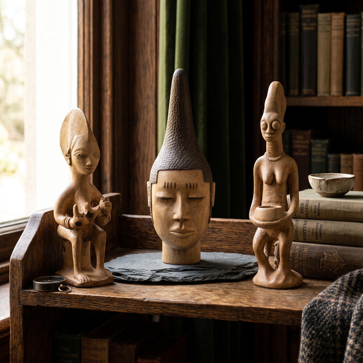 ArkeoArt Afrika Kabile Sanatı Koleksiyonu, antika kitaplar, tarihi haritalar, pirinç objeler ve koyu ahşap mobilyalarla hazırlanmış dark academia tarzı bir çalışma odasında sergileniyor. Yoruba, Benin Krallığı ve Senufo sanatından ilham alan bu müze kalitesindeki heykel seti; Batı Afrika kültürü, arkeoloji, antropoloji, etnografya ve dünya uygarlıkları koleksiyonları için etkileyici bir merkez parçasıdır.4