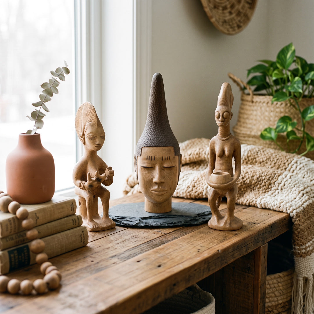 ArkeoArt Batı Afrika Heykel Koleksiyonu (4'lü Set), doğal ahşap mobilyalar, keten dokular, seramik aksesuarlar ve sıcak toprak tonlarıyla hazırlanmış bohem bir yaşam alanında sergileniyor. Yoruba, Benin ve Senufo kültürlerinden ilham alan bu el yapımı müze replikaları; Afrika Kabile Sanatı, Batı Afrika tarihi, antropoloji, etnografya ve kültürel miras koleksiyonlarına ilgi duyanlar için benzersiz bir dekoratif koleksiyon sunuyor.