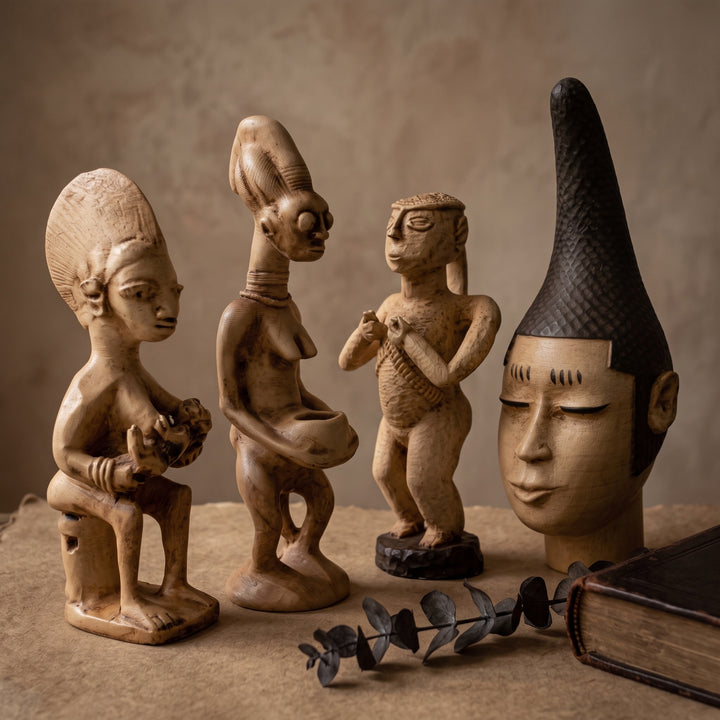 ArkeoArt Afrika Kabile Sanatı Koleksiyonu, antika kitaplar, tarihi haritalar, pirinç objeler ve koyu ahşap mobilyalarla hazırlanmış dark academia tarzı bir çalışma odasında sergileniyor. Yoruba, Benin Krallığı ve Senufo sanatından ilham alan bu müze kalitesindeki heykel seti; Batı Afrika kültürü, arkeoloji, antropoloji, etnografya ve dünya uygarlıkları koleksiyonları için etkileyici bir merkez parçasıdır.3