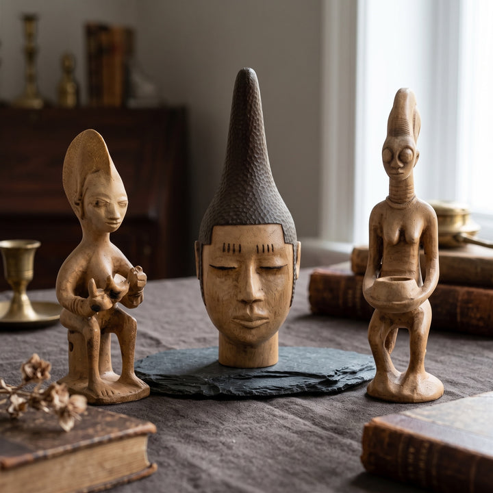 ArkeoArt Afrika Kabile Sanatı Koleksiyonu, antika kitaplar, tarihi haritalar, pirinç objeler ve koyu ahşap mobilyalarla hazırlanmış dark academia tarzı bir çalışma odasında sergileniyor. Yoruba, Benin Krallığı ve Senufo sanatından ilham alan bu müze kalitesindeki heykel seti; Batı Afrika kültürü, arkeoloji, antropoloji, etnografya ve dünya uygarlıkları koleksiyonları için etkileyici bir merkez parçasıdır.6