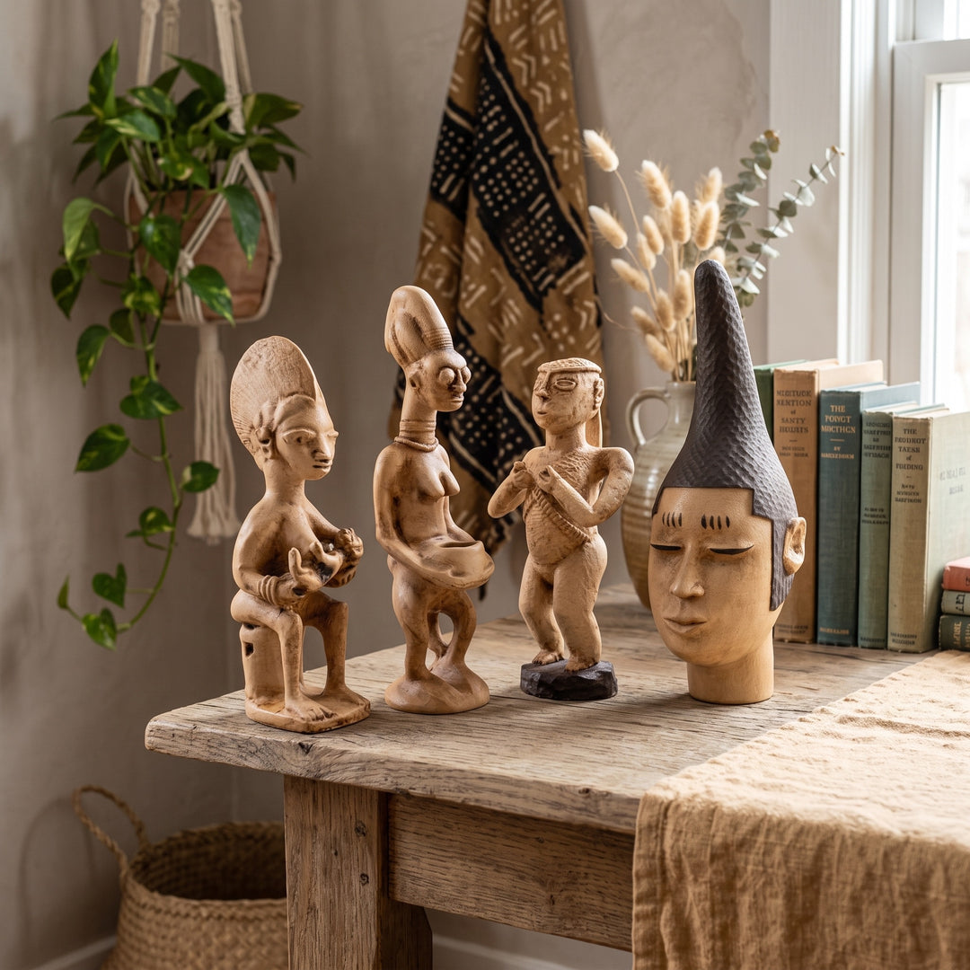 ArkeoArt Batı Afrika Heykel Koleksiyonu (4'lü Set), doğal ahşap mobilyalar, keten dokular, seramik aksesuarlar ve sıcak toprak tonlarıyla hazırlanmış bohem bir yaşam alanında sergileniyor. Yoruba, Benin ve Senufo kültürlerinden ilham alan bu el yapımı müze replikaları; Afrika Kabile Sanatı, Batı Afrika tarihi, antropoloji, etnografya ve kültürel miras koleksiyonlarına ilgi duyanlar için benzersiz bir dekoratif koleksiyon sunuyor.3