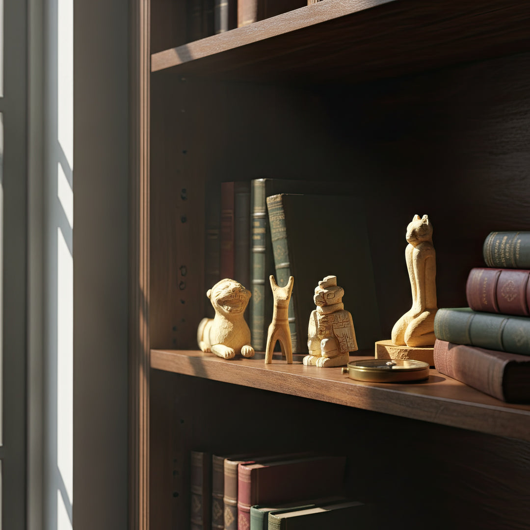 Ancient Animal Guardian Set displayed on a wooden bookshelf in a softly lit, dusty atmosphere — four handmade archaeological animal figurines (Condor, Lion, Dog, Cat) surrounded by old books and vintage decor. Captures the timeless aura of ancient guardianship and forgotten civilizations.