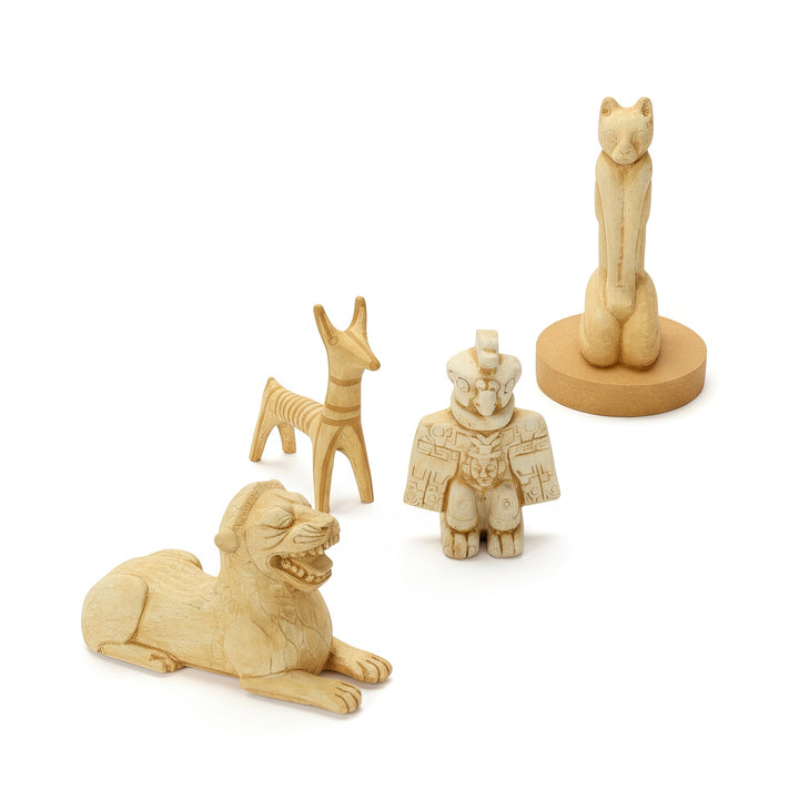 Ancient Animal Guardian Set featuring four handmade archaeological replicas — Aztec Condor Warrior, Urartian Lion, Mycenaean Dog, and Marco Cat. Museum-quality handcrafted sculptures symbolizing protection and ancient spirituality. Designed and produced by ArkeoArt.
