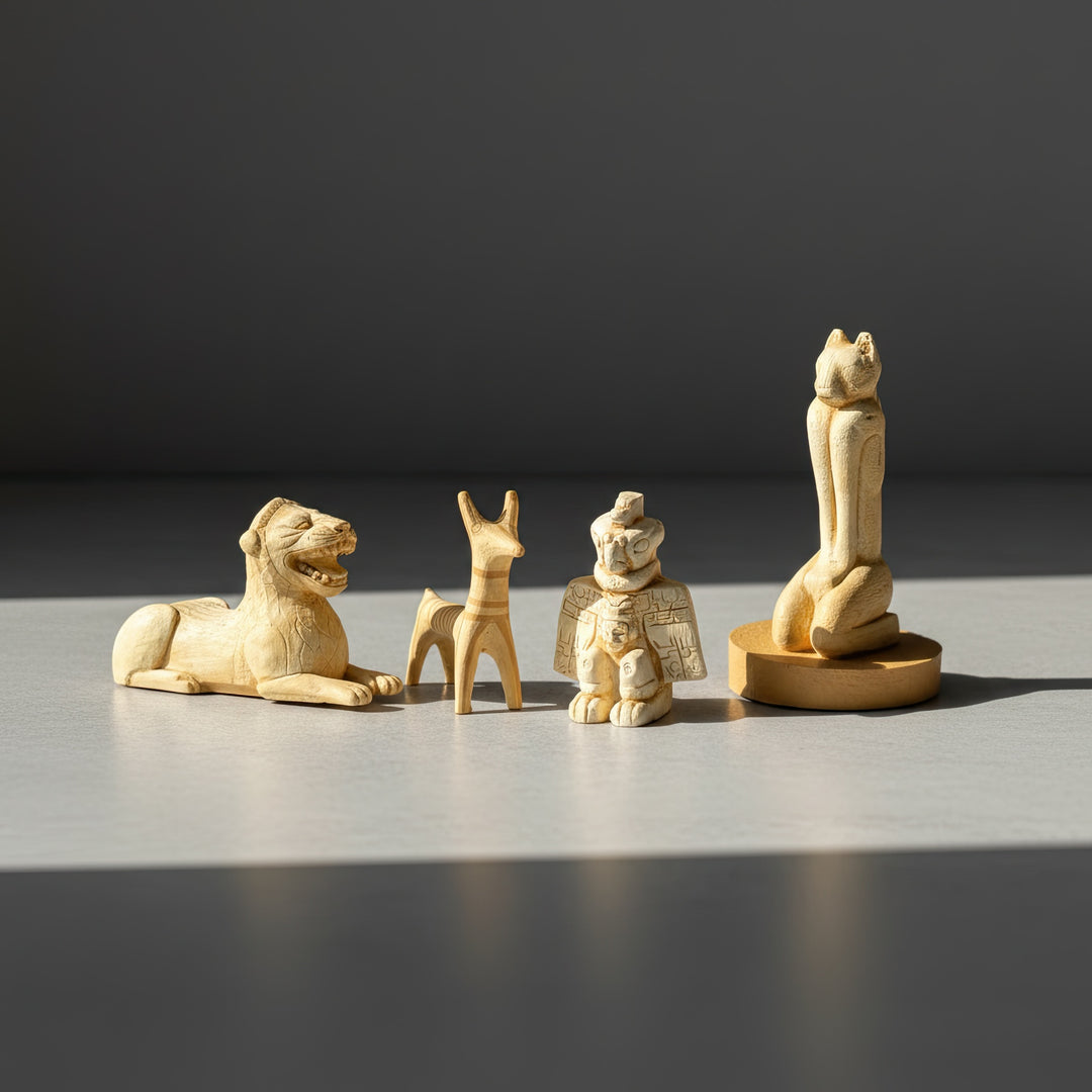 Front view of the Ancient Animal Guardian Set on a marble surface — handmade archaeological replicas of the Aztec Condor Warrior, Urartian Lion, Mycenaean Dog, and Calusa Marco Cat. Each figure precisely detailed and evenly lit, showcasing museum-quality craftsmanship and cultural symbolism by ArkeoArt.