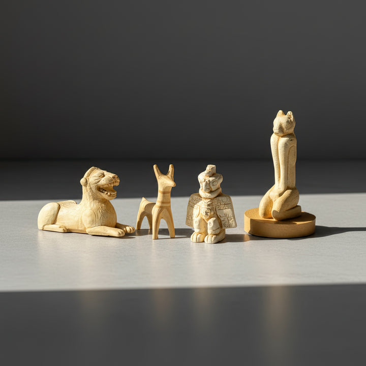 Front view of the Ancient Animal Guardian Set on a marble surface — handmade archaeological replicas of the Aztec Condor Warrior, Urartian Lion, Mycenaean Dog, and Calusa Marco Cat. Each figure precisely detailed and evenly lit, showcasing museum-quality craftsmanship and cultural symbolism by ArkeoArt.