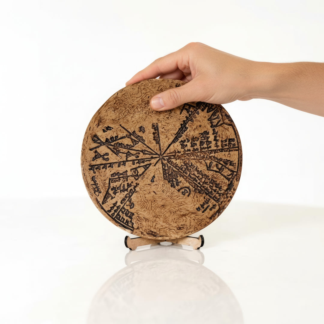 El ile tutulan Babil yıldız haritası – orijinal arkeolojik bulgulara göre 15 cm boyutlarında, detaylı çivi yazısı kabartmalarıyla. / Hand-held Babylonian Star Map tablet – approx. 6 inches wide, faithfully replicating ancient Sumerian cuneiform astronomy inscriptions, ArkeoArt handmade replica.