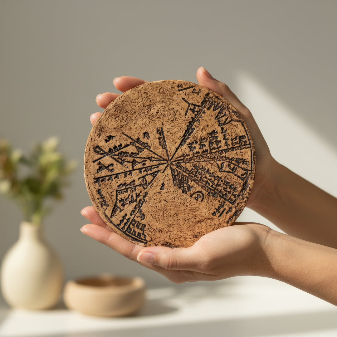 El ile tutulan Babil yıldız haritası – orijinal arkeolojik bulgulara göre 15 cm boyutlarında, detaylı çivi yazısı kabartmalarıyla. / Hand-held Babylonian Star Map tablet – approx. 6 inches wide, faithfully replicating ancient Sumerian cuneiform astronomy inscriptions, ArkeoArt handmade replica.