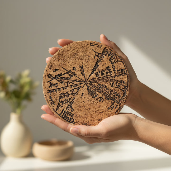 El ile tutulan Babil yıldız haritası – orijinal arkeolojik bulgulara göre 15 cm boyutlarında, detaylı çivi yazısı kabartmalarıyla. / Hand-held Babylonian Star Map tablet – approx. 6 inches wide, faithfully replicating ancient Sumerian cuneiform astronomy inscriptions, ArkeoArt handmade replica.