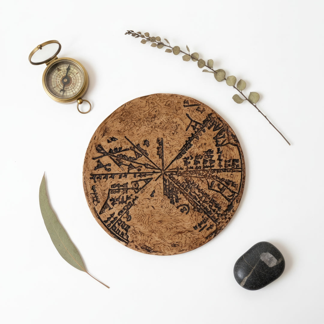 Üstten çekilmiş minimalist kompozisyonda Babil yıldız haritası – sosyal medya ve vitrin sergilemeleri için etkileyici bir görüntü. / Top-view minimalist photo of Babylonian Star Map – bright natural light emphasizing engraved constellations, perfect for social posts or curated displays.