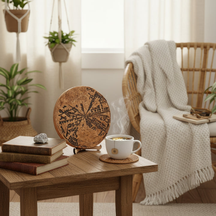 Ahşap masa üzerinde kitap ve tütsü eşliğinde sergilenen Sumer yıldız haritası – mistik, spiritüel ve bilimsel temaların birleşimi. / Babylonian star tablet displayed with books and incense – evokes mystical and scholarly energy, perfect for study rooms and spiritual interiors.