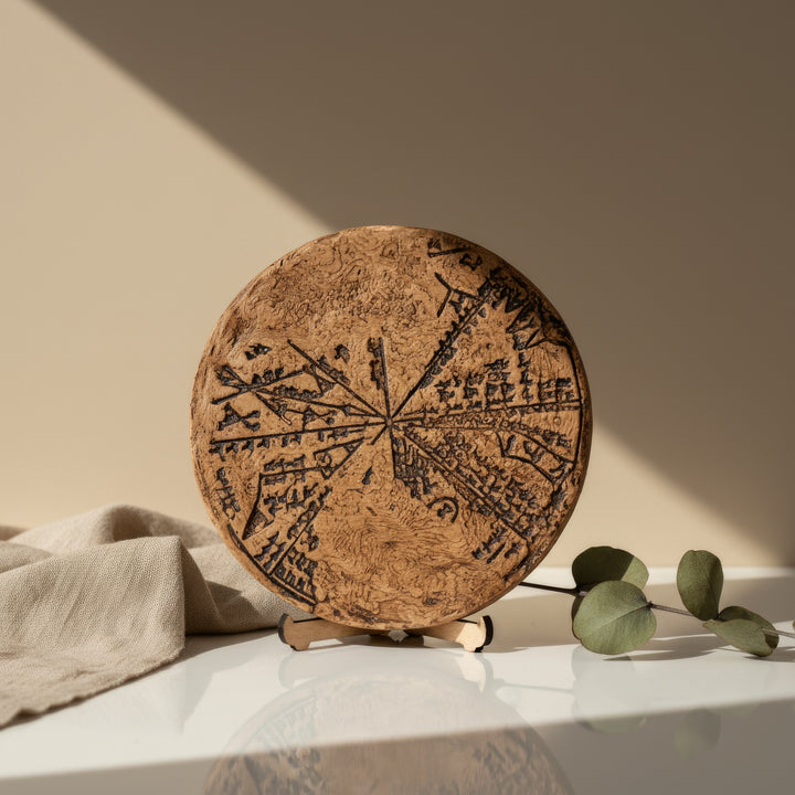 Boho tarzı dekoratif raf üzerinde Babil yıldız haritası replikası – tarih, sanat ve minimalizmi birleştiren iç mekân objesi. / Babylonian Star Map replica displayed on a boho shelf – blending archaeology, design, and minimalist spiritual decor, ArkeoArt museum-inspired artifact