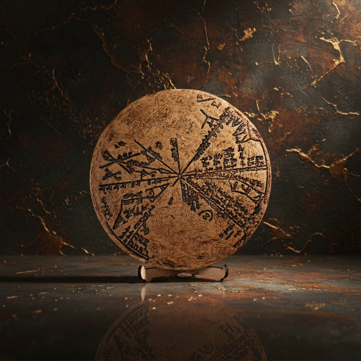Siyah fonda ışık vurgularıyla sergilenen Babil planisferi – antik gökyüzü gözlemlerinin ruhunu yansıtan sanatsal çekim. / Babylonian Planisphere under studio lighting – artistic black background highlighting engraved constellations, ancient astronomy-inspired home decor.