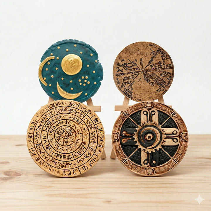 Karşı açıdan çekilmiş Antik Astronomi Koleksiyon Seti. Önde Nebra Gökyüzü Diski ve Phaistos Diski, arkada Babil yıldız haritası ve Hunab Ku sembolü yer alır. Antik astronomi ve kozmoloji temalı bu arkeoloji dekor koleksiyonu farklı uygarlıkların gökyüzü gözlemlerini temsil eden müze tarzı replikalardan oluşur.
