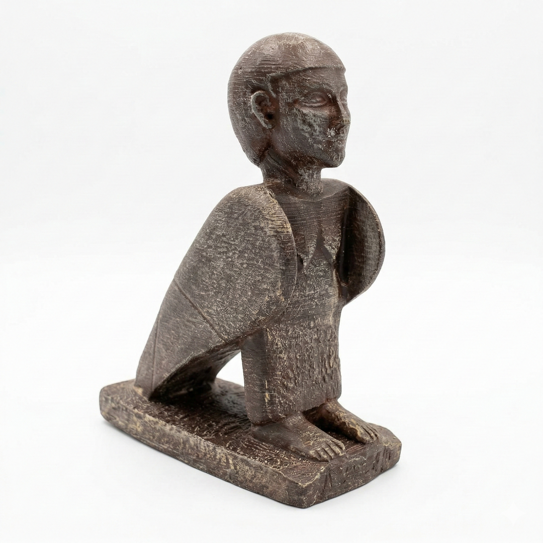 Ba kuşu heykelinin detaylı yüz ve baş kısmı. Antik Mısır mitolojisinde insan başlı kuş olarak tasvir edilen Ba ruhunun sembolik formunu yansıtan arkeolojik replika koleksiyon parçası.