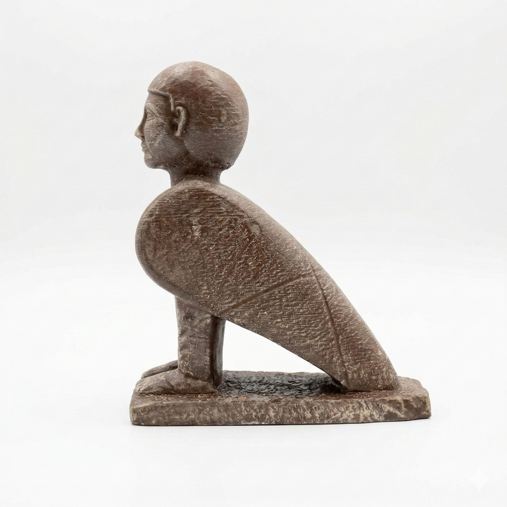 Antik Mısır Ba ruhu figüründen esinlenen Bird-Man heykelinin yan profil görünümü. İnsan başlı kuş tasviri Antik Mısır’da ruhun özgürlüğünü temsil eden Ba sembolüne dayanır. Arkeolojik replika koleksiyon heykeli.