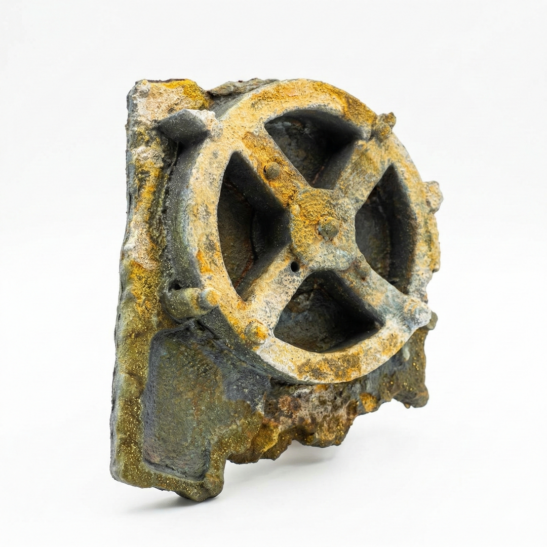 Antikythera mekanizması replikası yan görünüm, paslı ve korozyon etkili yüzey dokusu ile dişli sistem katmanlarını gösteren antik Yunan mühendislik harikası, oksidasyon etkili patina ile hazırlanmış bilim tarihi koleksiyon objesi, by ArkeoArt