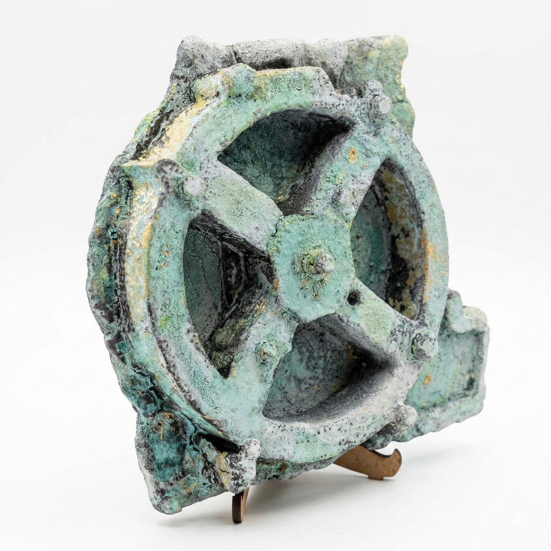 Antikythera mekanizması replikası yan açı, yeşil oksidasyon patinası ve katmanlı dişli yapısı ile antik Yunan mühendislik tasarımını ortaya koyan bilim tarihi objesi, doğal yaşlanmış metal etkisiyle hazırlanmış koleksiyon ürünü, by ArkeoArt