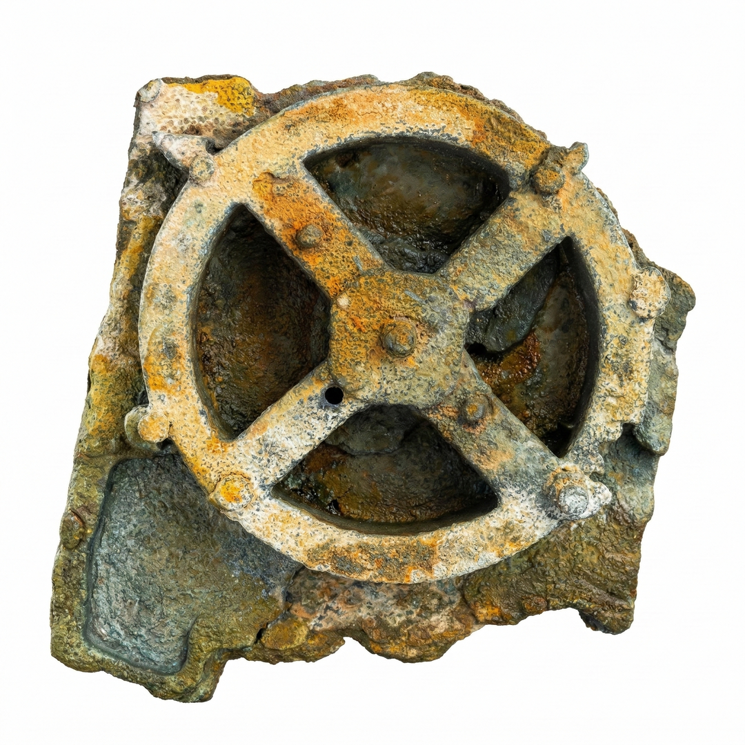 Antikythera mekanizması replikası ön görünüm, yoğun paslı bronz patina ve oksitlenmiş yüzey detaylarıyla antik Yunan astronomik cihazını yansıtan ilk analog bilgisayar modeli, su altından çıkarılmış arkeolojik buluntu hissi veren özel reaksiyonlu yüzey tekniği, by ArkeoArt