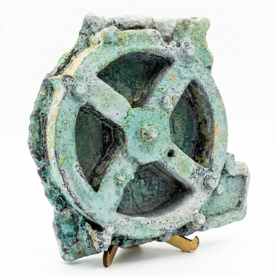 Antikythera mekanizması replikası ön görünüm, yeşil oksitlenmiş bronz patina ile antik Yunan astronomik cihazını yansıtan dişli sistem detayları, müze kalitesinde arkeolojik eser replikası ve ilk analog bilgisayar modeli görünümü, by ArkeoArt