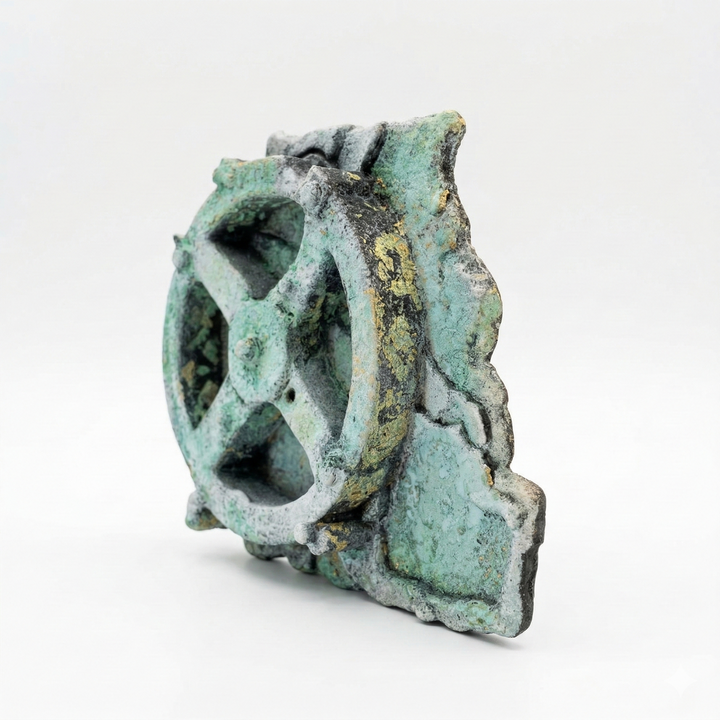 Antikythera mekanizması replikası yan açı, mavi patina ve oksitlenmiş yüzey dokusu ile antik Yunan mühendislik harikasının dişli yapısını gösteren bilim ve astronomi temalı koleksiyon objesi, by ArkeoArt