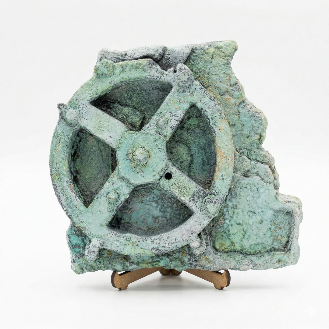 Antikythera mekanizması replikası ön görünüm, mavi oksidasyon patinası ile su altı etkisi veren yüzey, antik Yunan astronomik cihazının dişli sistemini yansıtan ilk analog bilgisayar formu, arkeolojik buluntu hissi oluşturan özel boya tekniği, by ArkeoArt