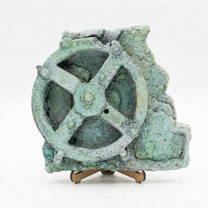 Antikythera mekanizması replikası ön görünüm, mavi oksidasyon patinası ile su altı etkisi veren yüzey, antik Yunan astronomik cihazının dişli sistemini yansıtan ilk analog bilgisayar formu, arkeolojik buluntu hissi oluşturan özel boya tekniği, by ArkeoArt