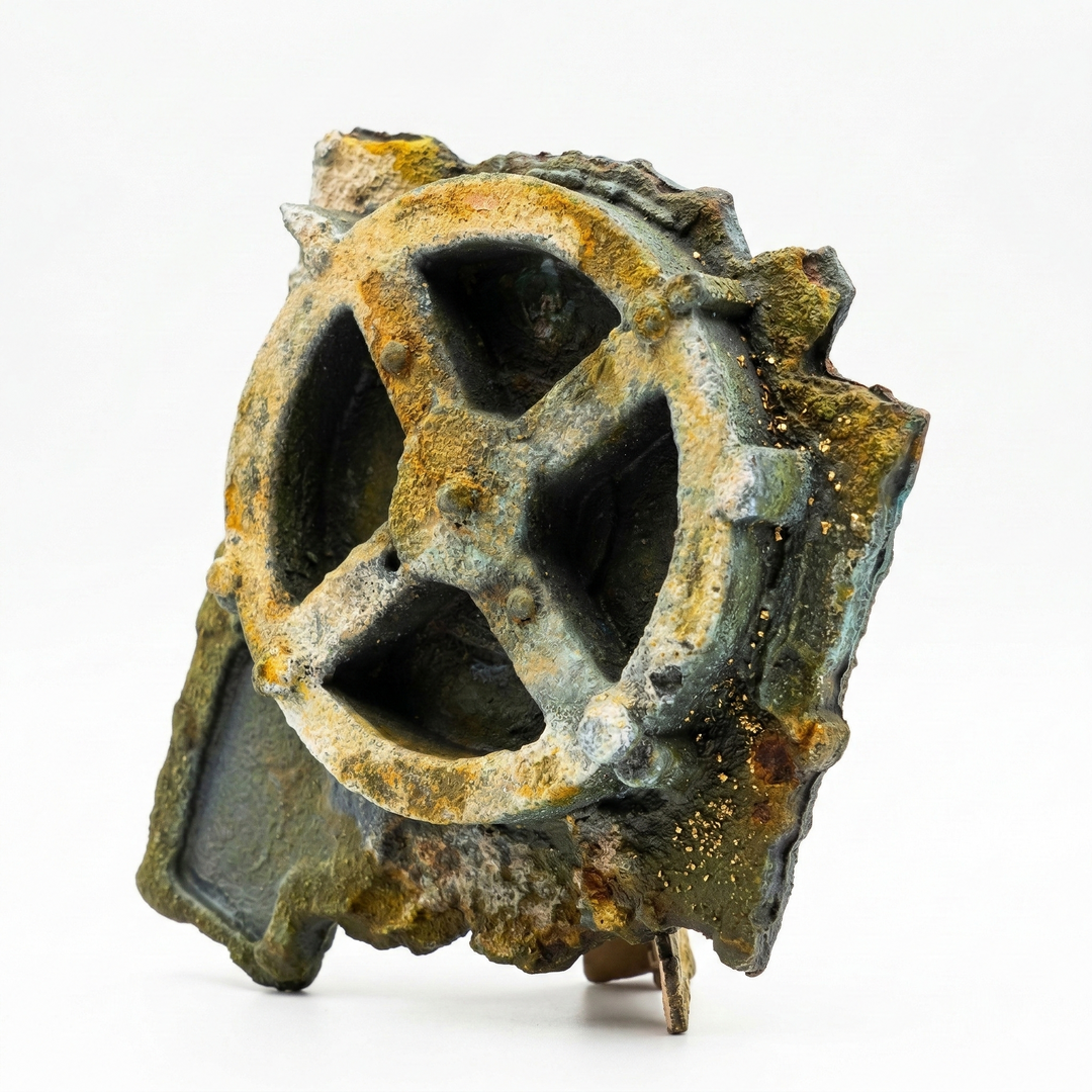 Antikythera mekanizması replikası çapraz açı, paslı bronz tonları ve detaylı dişli yapısı ile antik Yunan astronomi cihazını temsil eden arkeolojik replikadır, su altı buluntu estetiği ve reaksiyon devam eden yüzey efektiyle özgün koleksiyon parçası, by ArkeoArt