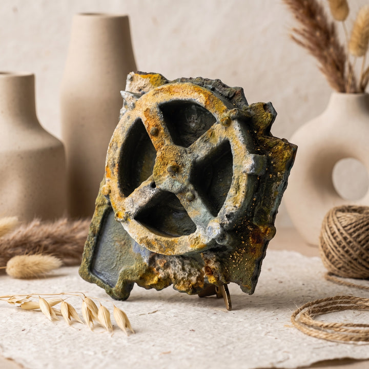 Doğal toprak tonlarının hâkim olduğu boho bir yaşam alanında sergilenen Antikythera Mekanizması Replikası (Fosil Yeşili Patinası), antik bronz oksit görünümünü yansıtan yüzeyiyle tarihî bir atmosfer oluşturur. Antik Yunan'ın en önemli teknolojik buluntularından biri olan bu mekanizma; astronomi, denizcilik, arkeoloji ve bilim tarihi meraklıları için müze kalitesinde hazırlanmış özel bir dekoratif sanat eseridir. ArkeoArt tarafından el işçiliğiyle üretilmiştir.