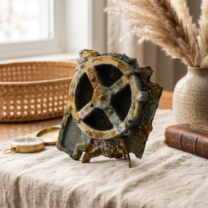 Doğal toprak tonlarının hâkim olduğu boho bir yaşam alanında sergilenen Antikythera Mekanizması Replikası (Fosil Yeşili Patinası), antik bronz oksit görünümünü yansıtan yüzeyiyle tarihî bir atmosfer oluşturur. Antik Yunan'ın en önemli teknolojik buluntularından biri olan bu mekanizma; astronomi, denizcilik, arkeoloji ve bilim tarihi meraklıları için müze kalitesinde hazırlanmış özel bir dekoratif sanat eseridir. ArkeoArt tarafından el işçiliğiyle üretilmiştir.