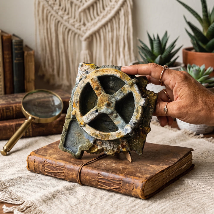 Doğal toprak tonlarının hâkim olduğu boho bir yaşam alanında sergilenen Antikythera Mekanizması Replikası (Fosil Yeşili Patinası), antik bronz oksit görünümünü yansıtan yüzeyiyle tarihî bir atmosfer oluşturur. Antik Yunan'ın en önemli teknolojik buluntularından biri olan bu mekanizma; astronomi, denizcilik, arkeoloji ve bilim tarihi meraklıları için müze kalitesinde hazırlanmış özel bir dekoratif sanat eseridir. ArkeoArt tarafından el işçiliğiyle üretilmiştir.