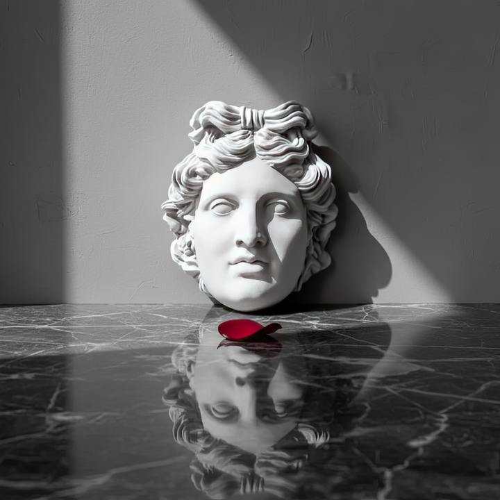 “Apollo sculpture displayed on a wooden shelf beside candles and a ceramic vase — creating a harmonious blend of ancient mythology and modern minimalism.”
TR:
“Ahşap bir rafta mumlar ve seramik bir vazo ile sergilenen Apollo heykeli — antik mitolojiyi modern minimalizmle uyumlu bir biçimde buluşturur.”