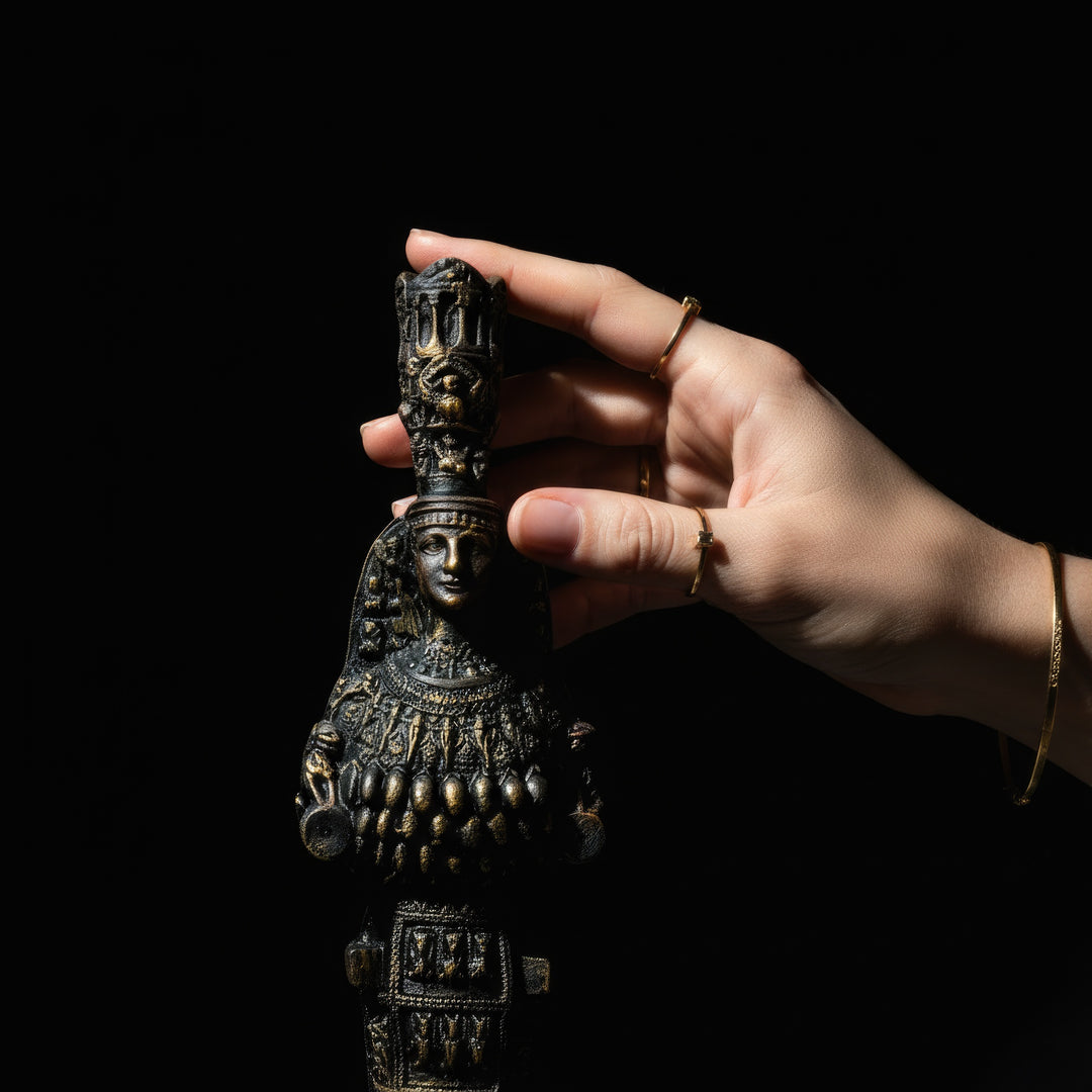 “Hand gently holding the Ephesus Artemis figurine to show realistic scale and fine texture. Every handcrafted element reflects ancient Anatolian artistry and feminine symbolism.”
TR:
“Gerçek boyutu ve ince dokuyu göstermek için nazikçe tutulan Efes Artemis figürü. Her el işçiliği detayı, antik Anadolu sanatının ve dişil sembolizmin zarafetini yansıtır.”