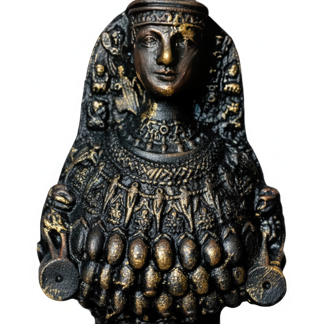 “Close-up of the Artemis statue focusing on its ornate chest and robe motifs. The relief carvings symbolize fertility, abundance, and divine wisdom — inspired by the Ephesus temple.”
TR:
“Artemis heykelinin süslemeli gövde ve elbise motiflerine odaklanan yakın plan. Kabartma detaylar doğurganlığı, bereketi ve tanrısal bilgeliği simgeler — Efes tapınağından esinlenilmiştir.”