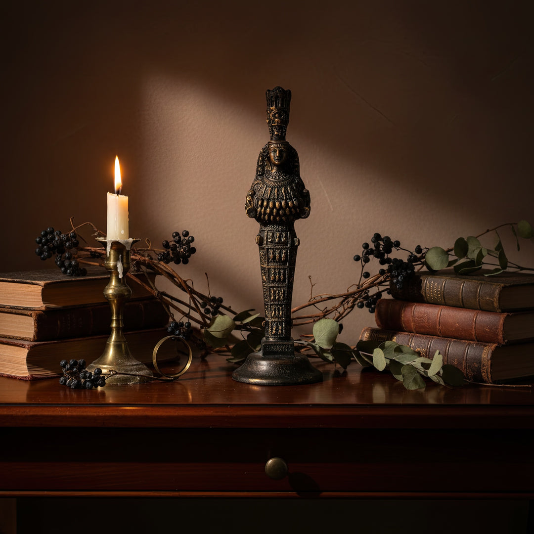 “Artemis figurine placed on a minimalist shelf beside a ceramic vase and candle. The warm light creates a spiritual, museum-like atmosphere for sacred art lovers.”
TR:
“Seramik vazo ve mum yanında minimalist bir rafta konumlandırılmış Artemis figürü. Sıcak ışık, kutsal sanatı sevenler için ruhani bir müze atmosferi oluşturur.”