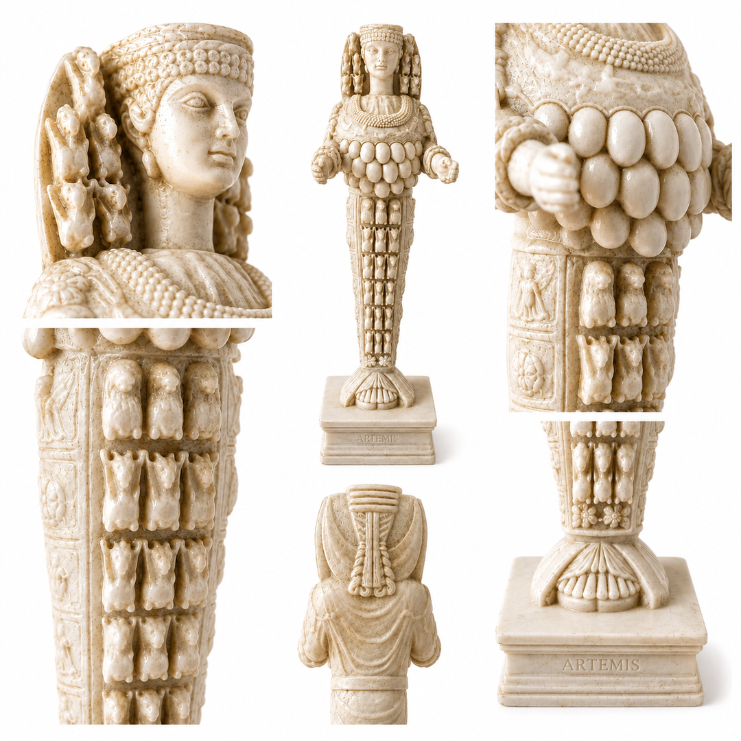 Efes Artemisi heykelinin farklı bölümlerini yakından gösteren detay kolajı; tanrıçanın tacı, yüzü, sembolik göğüs formları, hayvan figürleri ve süslü kıyafet motifleri bir arada görülüyor. Artemis of Ephesus tasvirlerinden esinlenen ArkeoArt müze replikası, Antik Anadolu’da Artemis’in doğa, bereket, bolluk ve koruyuculukla ilişkilendirilen özgün ikonografisini ve el işçiliği detaylarını sergiliyor.