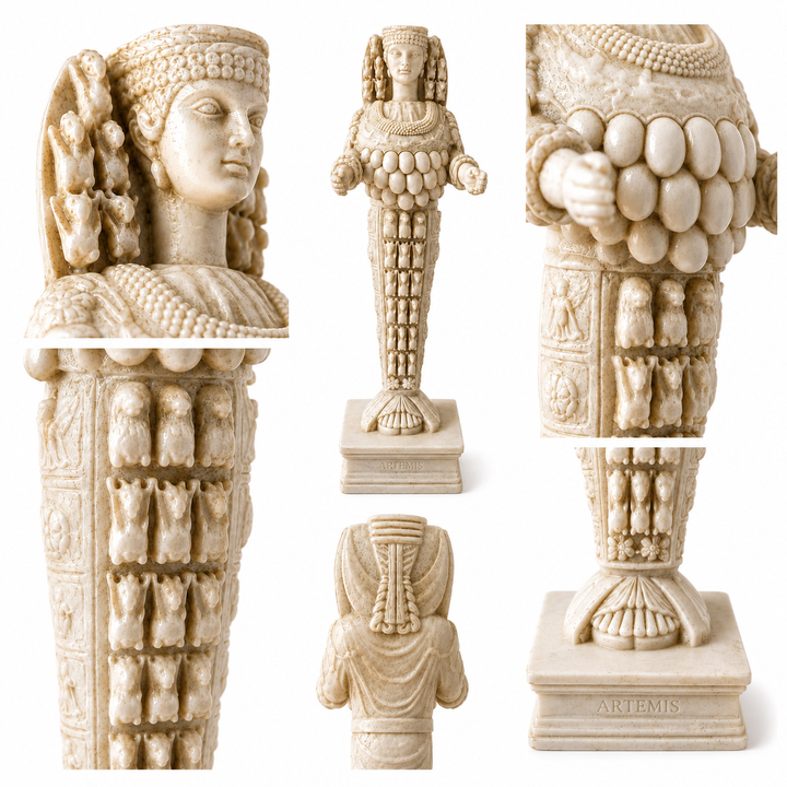 Efes Artemisi heykelinin farklı bölümlerini yakından gösteren detay kolajı; tanrıçanın tacı, yüzü, sembolik göğüs formları, hayvan figürleri ve süslü kıyafet motifleri bir arada görülüyor. Artemis of Ephesus tasvirlerinden esinlenen ArkeoArt müze replikası, Antik Anadolu’da Artemis’in doğa, bereket, bolluk ve koruyuculukla ilişkilendirilen özgün ikonografisini ve el işçiliği detaylarını sergiliyor.