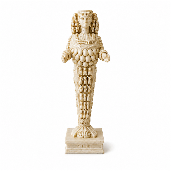 Beyaz arka planda karşıdan görülen 24 cm büyük boy Efes Artemisi heykeli. Antik Anadolu’nun en tanınmış tanrıça figürlerinden Artemis of Ephesus tasvirinden esinlenen el yapımı müze replikası; yüksek detaylı tacı, sembolik göğüs formları, hayvan motifleri ve zengin kıyafet bezemeleriyle Artemis’in bereket, doğa, bolluk ve koruyuculukla ilişkilendirilen ikonografisini yansıtıyor.