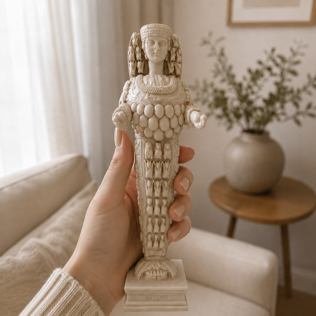 Elde tutularak gerçek ölçeği gösterilen 24 cm büyük boy Efes Artemisi heykeli. El ile karşılaştırmalı görünüm, koleksiyonluk Artemis heykelinin boyutunu ve ayrıntılı formunu daha iyi anlamayı sağlıyor. Mermer tozu ve yüksek kaliteli polyesterden el yapımı olarak üretilen ArkeoArt müze replikası, Antik Efes’in ünlü tanrıça tasvirini modern arkeoloji ve mitoloji koleksiyonlarına taşıyor.
