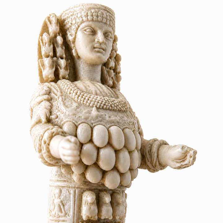Efes Artemisi heykelinin yüzü, tacı, göğüs bölgesi ve sembolik bezemelerini yakından gösteren makro detay. Ephesian Artemis ikonografisinde bereket ve doğurganlıkla ilişkilendirilen oval formlar, hayvan motifleri ve ayrıntılı süslemeler belirgin şekilde görülüyor. Antik Efes’teki Artemis kültünden ilham alan bu el yapımı ArkeoArt müze replikası, antik Anadolu sanatının zengin sembolizmini yansıtıyor.