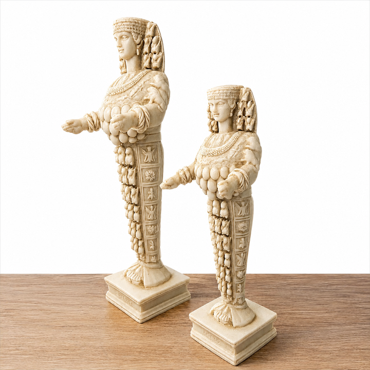 18 cm ve 24 cm Efes Artemisi heykellerinin çapraz açıdan birlikte görünümü. İki boy seçeneği arasındaki ölçek farkının yanı sıra tanrıçanın karakteristik tacı, frontal duruşu, sembolik göğüs formları ve ayrıntılı kıyafet bezemeleri görülüyor. Antik Efes ve Artemis Tapınağı’nın kült heykellerinden ilham alan bu ArkeoArt müze replikaları, Anadolu ve Yunan-Roma mitolojisi koleksiyonları için el yapımıdır.