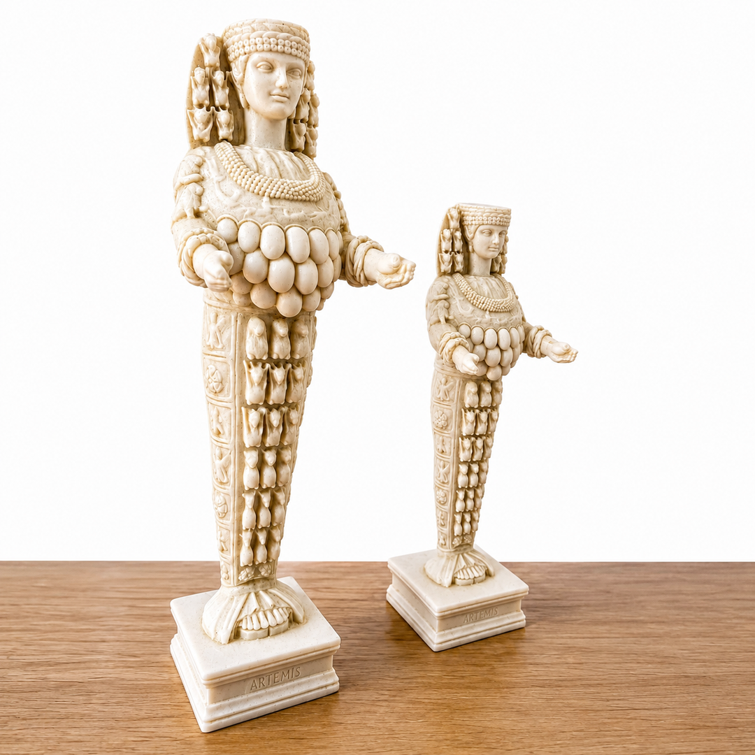 Efes Artemisi heykellerinin diğer çapraz açıdan sergilenen 18 cm ve 24 cm boy seçenekleri. Farklı perspektif, Artemis heykelinin üç boyutlu formunu, başlık detaylarını, yan yüzeyini ve zengin antik bezemelerini ortaya çıkarıyor. Artemis of Ephesus ve Diana of Ephesus olarak bilinen tanrıça tasvirinden esinlenen ArkeoArt müze replikası; Antik Anadolu, arkeoloji, mitoloji ve tarihi sanat koleksiyonlarına yönelik üretilmiştir.