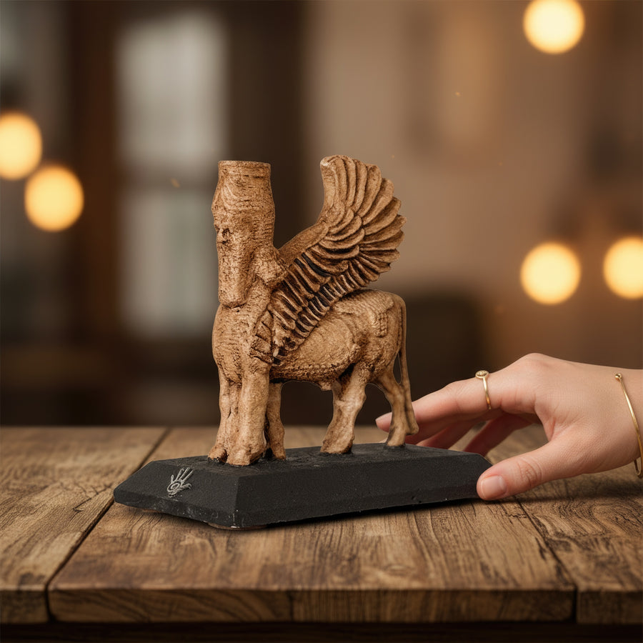 Hand touching the Assyrian Lamassu Statue — detailed handmade Mesopotamian sculpture featuring winged bull body and human head. Captured on a rustic wooden table in warm ambient lighting, symbolizing ancient protection and craftsmanship. Perfect for boho and historical home decor by ArkeoArt.