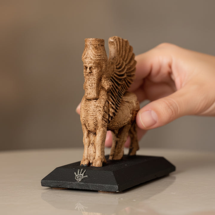 El ile tutulan Lamassu heykeli – antik koruyucu figürün detaylı kanat, sakal ve taç işlemeleriyle dikkat çeker. / Handheld Assyrian Lamassu sculpture – showing fine wing, beard, and crown details of the ancient guardian deity, handcrafted by ArkeoArt.